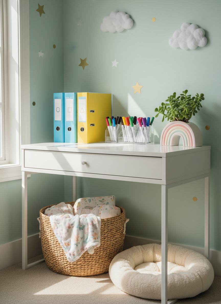 A bright, organized homework nook with a white desk against a pale mint wall, decorated with cute, non-figurative decals like stars and clouds. On the desk, color-coded binders labeled with simple symbols, a tidy caddy of markers and pencils, and a cheerful ceramic planter shaped like a rainbow holding a thriving green plant. A woven basket beneath the desk contains neatly folded baby blankets and a plush pet bed. Soft afternoon light streams in from a nearby window, creating crisp yet gentle shadows. Photographic realism, captured at eye level with balanced composition and sharp focus throughout, evoking an atmosphere of playful productivity for moms and educators supporting kids’ learning at home.