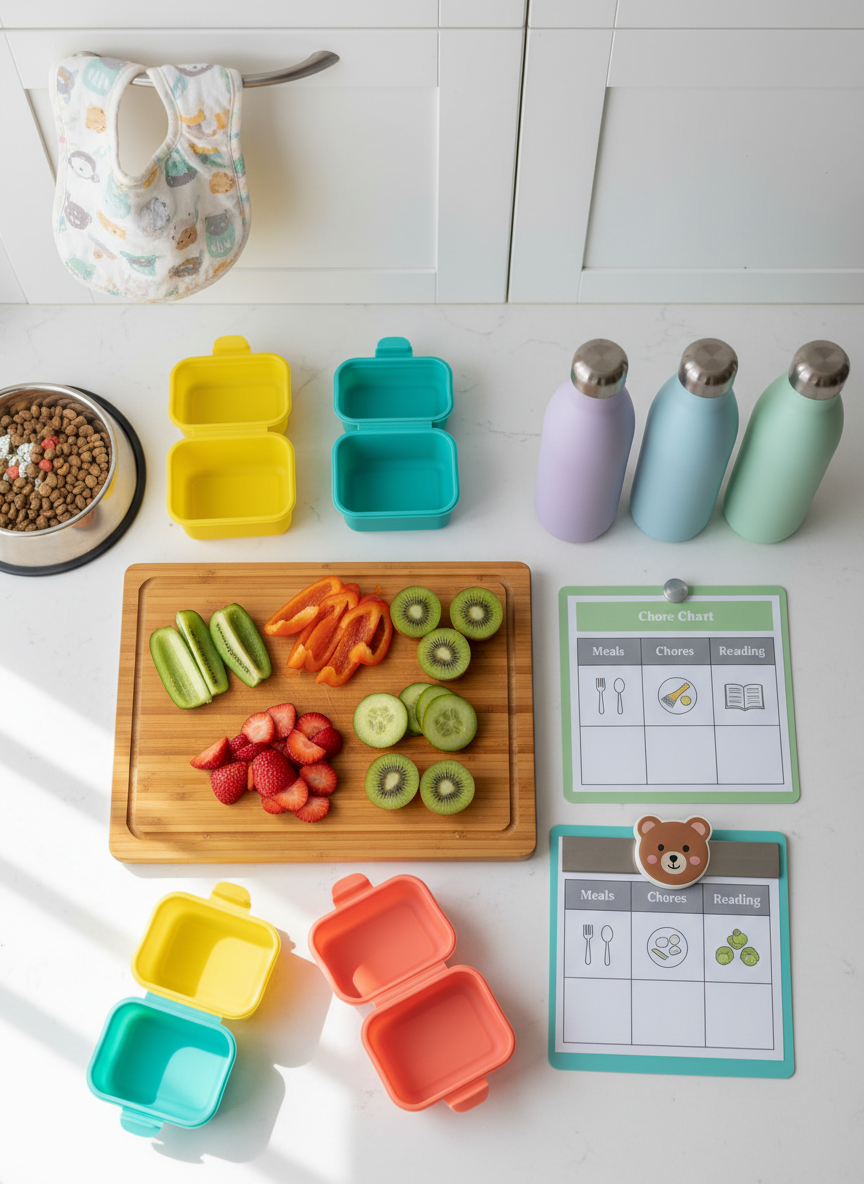 A cheerful kitchen counter scene with a neatly arranged meal prep setup: bright silicone snack containers, a cutting board with sliced fruits and veggies, and a row of stainless steel water bottles in fun pastel colors. Beside them, a stack of laminated chore charts with simple icon-based columns and a small magnetic timer shaped like a friendly animal. A pet food bowl filled and ready waits just beyond the cutting board, and a baby bib hangs from a nearby cabinet handle. Natural midday light floods in from an unseen window, giving the space a clean, vibrant look. Photographic realism with an overhead, flat-lay style composition, capturing the playful, efficient rhythm of a mom streamlining busy family days.