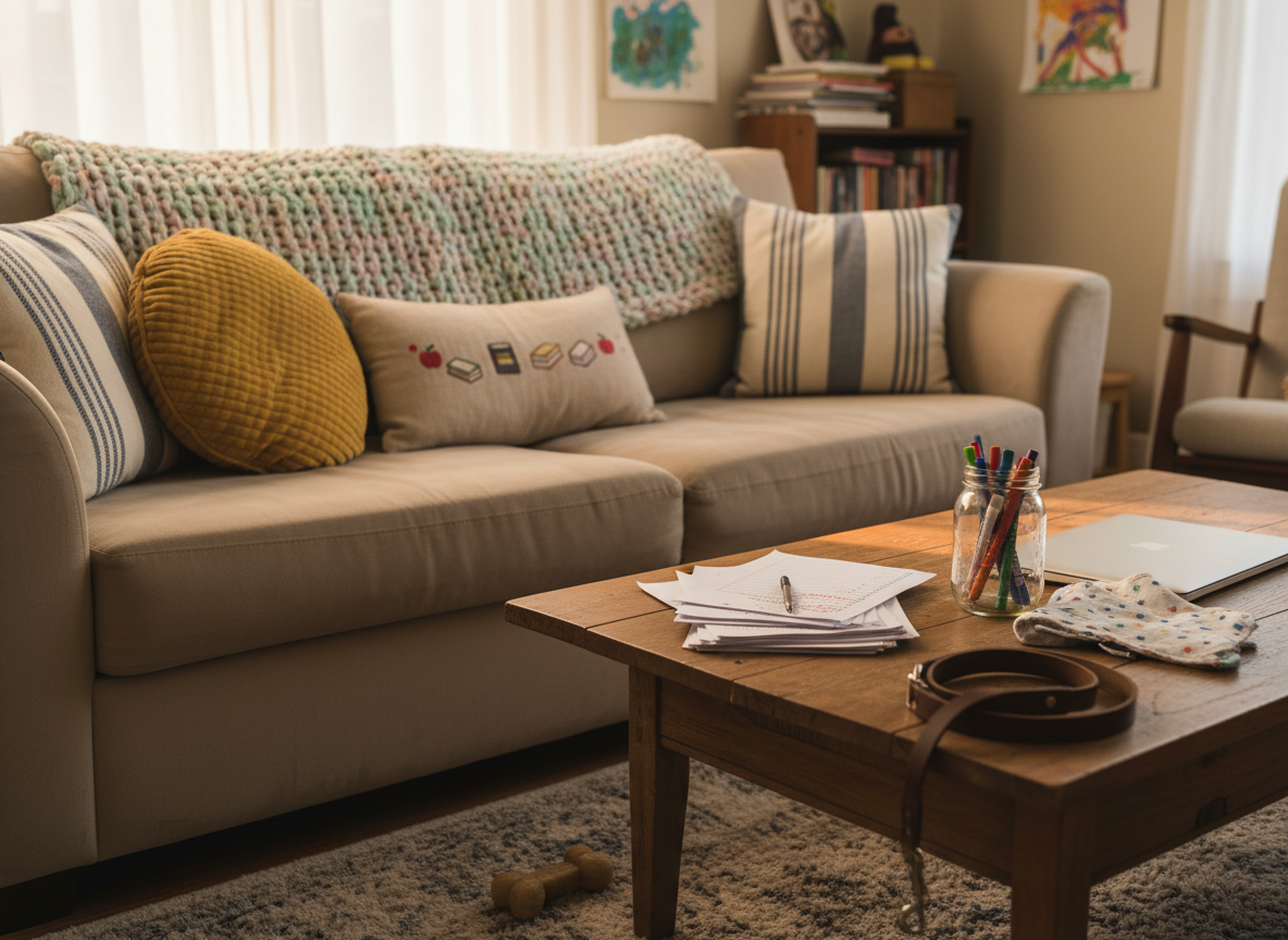 A well-loved living room sofa draped with a soft, pastel knit throw blanket and scattered with mismatched yet charming cushions, one embroidered with tiny books and apples. On the coffee table, a half-finished stack of graded worksheets, a colorful set of pens in a mason jar, and a neatly folded burp cloth rest beside a closed laptop. A dog leash and a small chew toy lie casually on the rug, hinting at a nearby pet. Warm golden hour light filters through sheer curtains, creating a cozy, playful atmosphere. Shot in photographic realism from a slightly elevated angle, with a gentle bokeh background that suggests a busy home while keeping the focus on the overlapping roles of mom, teacher, and pet owner.