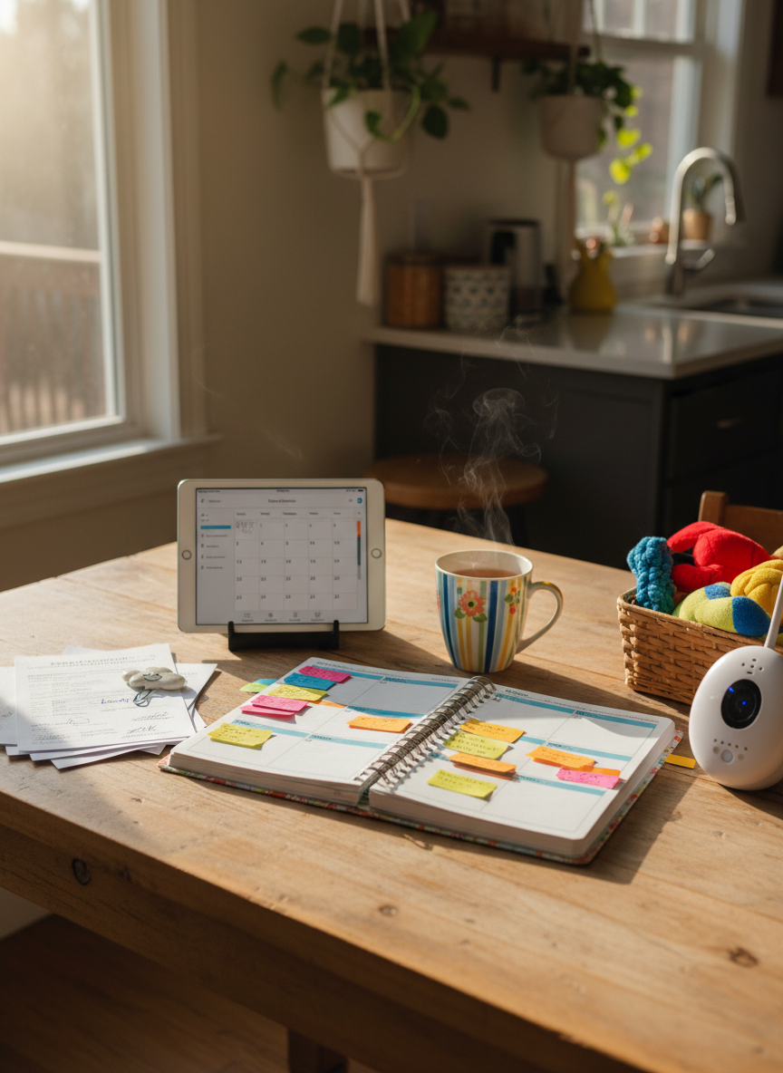 A cozy, sunlit kitchen table arranged as a command center for family life, with an open planner filled with colorful sticky tabs, a neatly stacked pile of school permission slips, and a tablet propped up beside a steaming mug of herbal tea in a cheerful patterned ceramic cup. Nearby, a small basket of pet toys peeks into the frame and a baby monitor sits quietly at the edge. Soft morning sunlight pours through a large window, casting warm highlights and gentle shadows across the wood grain. Photographic realism, eye-level composition with a shallow depth of field, creating a playful yet organized mood that captures the juggling act of motherhood and daily routines without showing any people.