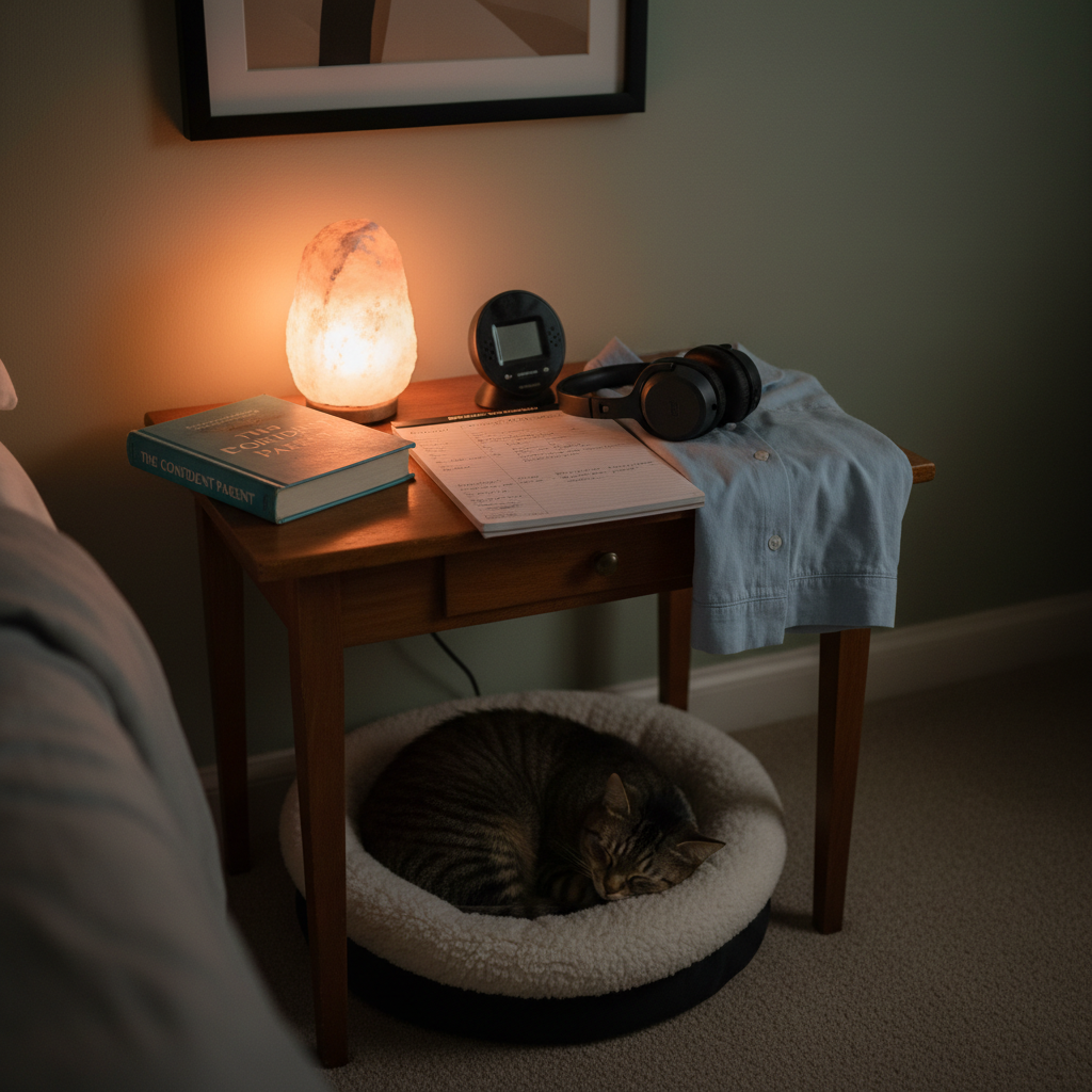 A peaceful nighttime scene in a tidy bedroom corner, featuring a small bedside table topped with a softly glowing salt lamp, a well-worn parenting book, and a spiral notebook open to a page of neatly written plans. A baby monitor, a pair of noise-cancelling headphones, and a neatly folded pajama top rest nearby, while a pet bed with a cozy blanket nestles against the table’s legs. The lighting is dim and warm, casting gentle pools of light and long, calming shadows. Photographic realism, shot at a slightly low angle with a shallow depth of field, creating an intimate, reflective mood that suggests a mom’s quiet planning time after a full day of caregiving and teaching roles.