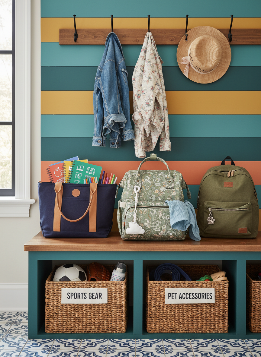 A colorful mudroom or entryway bench lined with three distinct bags: a structured tote with teacher supplies peeking out, including notebooks marked with simple subject icons; a diaper bag with a pacifier clip and soft muslin blanket tucked in the side; and a casual backpack with a keychain shaped like a tiny pet paw. Beneath the bench, small labeled bins hold sports gear and pet accessories, while hooks above display jackets and a sunhat. Soft, diffused daylight enters from a side window, illuminating the textures of canvas, leather, and woven baskets. Photographic realism, captured from a straight-on, eye-level perspective, with clean, balanced composition that playfully showcases the overlapping daily roles in a busy mom’s life.